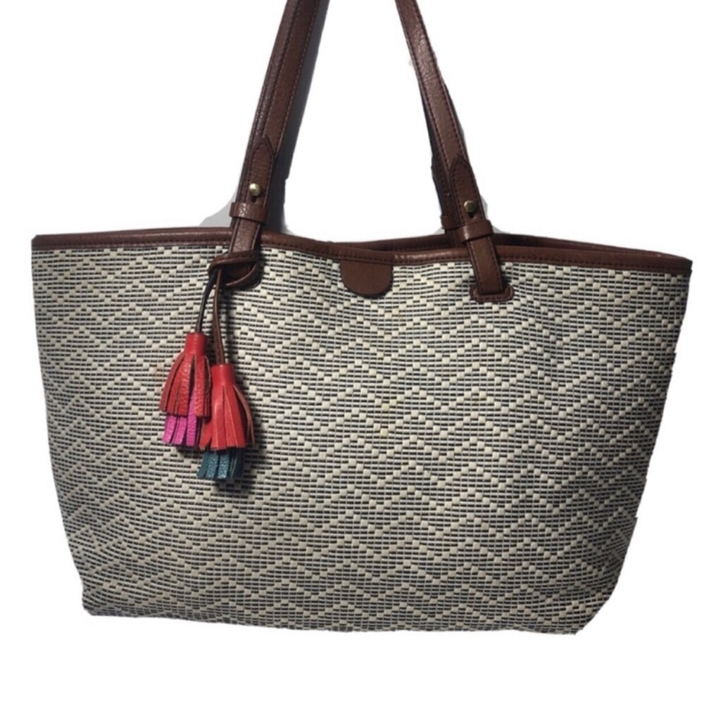Fossil Brown and Cream Tote with Colorful Tassel.